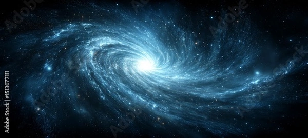 Fototapeta Spiral blue light galaxy and black hole on the center. Time space dilation. Science astronomy. Generative AI technology.	
