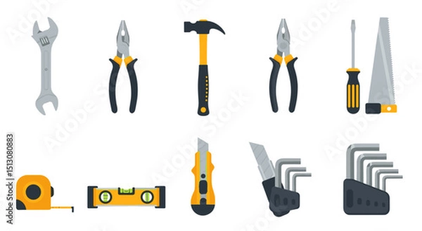 Obraz Illustration of various hand tools including wrench, pliers, hammer, and screwdriver on white background