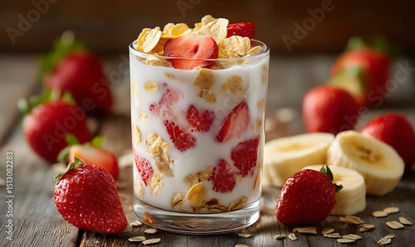 Fototapeta Cereal flakes in a glass of milk with fresh fruits, strawberries and bananas, soft creamy texture of milk.