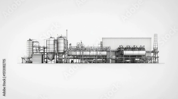 Fototapeta Industrial processing facility with tanks, pipes, and a large structure situated in a manufacturing area during daylight