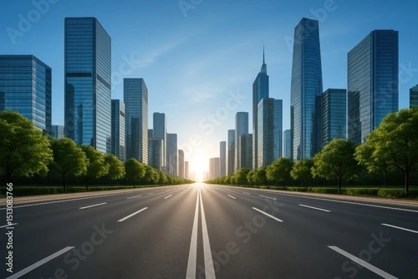 Fototapeta Asphalt Avenue: Cityscape Dawn: An expansive asphalt avenue stretches towards a radiant sunrise, flanked by rows of modern skyscrapers, creating a sense of urban dynamism and progress. 