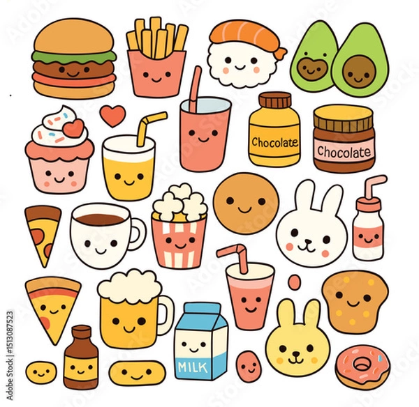 Fototapeta Line drawing of food and drinks, cute, Kawaii style, isolate vector file.