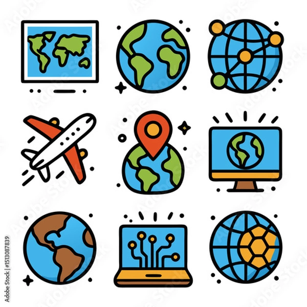 Fototapeta Colorful Flat Icons Set of World Map Globe and Internet Technology