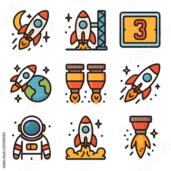 Fototapeta Colorful Rocket Launch Icons: Space Exploration and Adventure Graphics