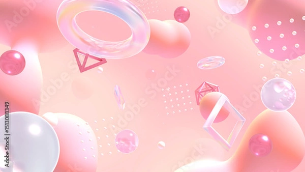 Fototapeta ガラスや流体や様々な図形が浮かぶグラスモーフィズム風の立体空間 - ピンク