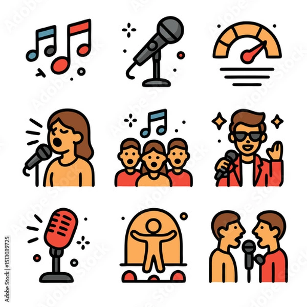 Fototapeta Colorful Icons of Singers Performing on Stage with Microphones