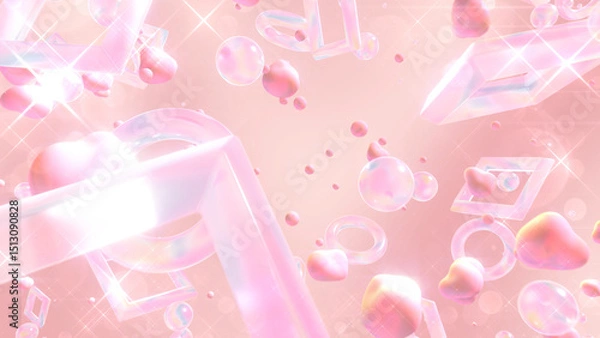 Fototapeta ガラスや流体が浮かぶキラキラしたグラスモーフィズム風の立体空間 - ピンク