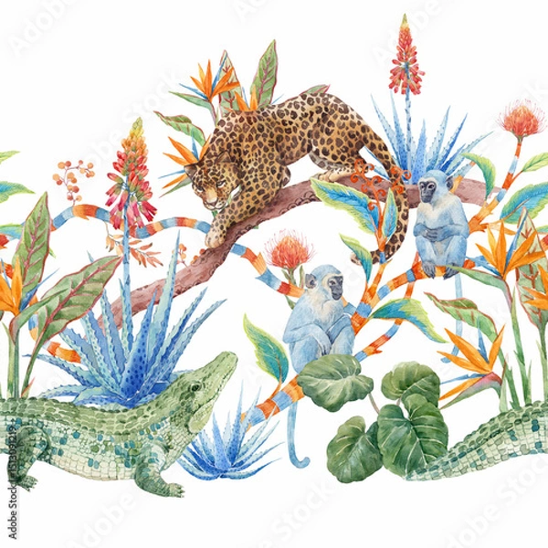 Fototapeta Handmade watercolor seamless pattern of tropical jungle with leopard, monkeys, crocodiles, and exotic plants. A vibrant floral border ideal for wallpaper, textiles, children s decor, and nature