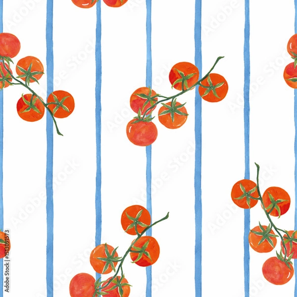 Obraz Seamless pattern with hand-painted tomatoes on a light blue striped background. Acrylic style, perfect for textiles, wallpaper, packaging, and summer-themed designs.