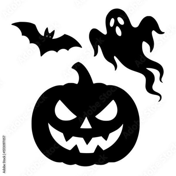 Obraz Halloween pumpkin with smiling face, bats, and ghost silhouettes  