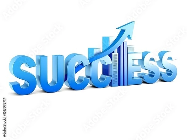 Fototapeta Blue Arrow Representing Financial Success with “Success” Text and Modern Cityscape on White Background — Symbol of Business Prosperity, Economic Growth, and Achievement Illustration