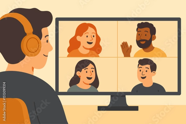 Fototapeta People on video call in grid layout, speaking, listening, smiling