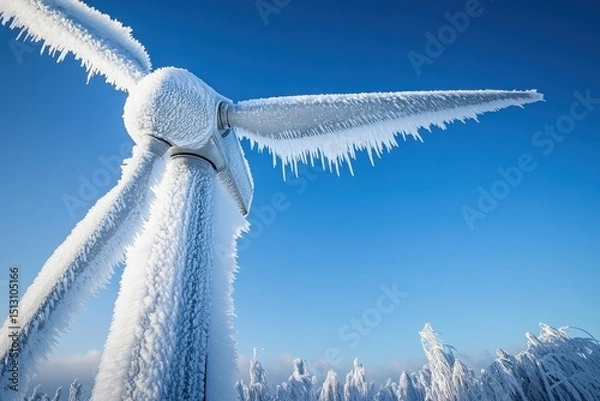 Fototapeta A wind turbine stands frosted with ice against bright blue sky. Showcasing renewable energy, winter weather, or climate challenges.