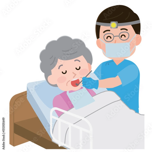 Obraz 訪問歯科医　往診する男性歯科医師と患者の高齢女性　イラスト