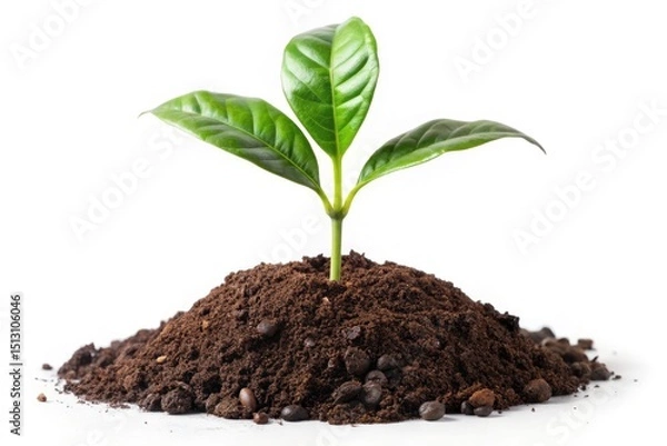 Fototapeta Surreal Coffee Sprout Photography: Tiny Coffee Plant, Soil, White Background, Clipping Path, Isolated Image, High Resolution