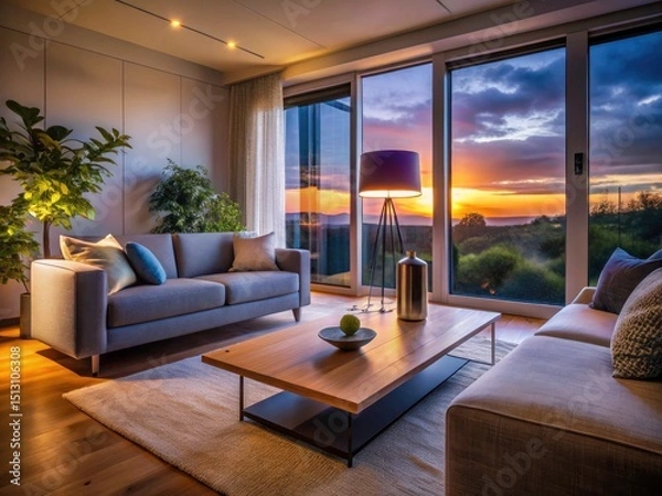 Fototapeta Smart Home Ambient Lighting, Modern Living Room, Smart Speaker, Voice Assistant, Home Automation, Interior Design, Cozy Room, Tech Home