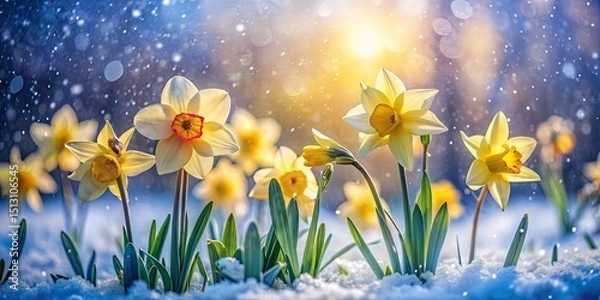 Fototapeta Surreal Spring Snow Daffodils: Double Exposure Photography, Yellow Flowers, Winter Spring Contrast