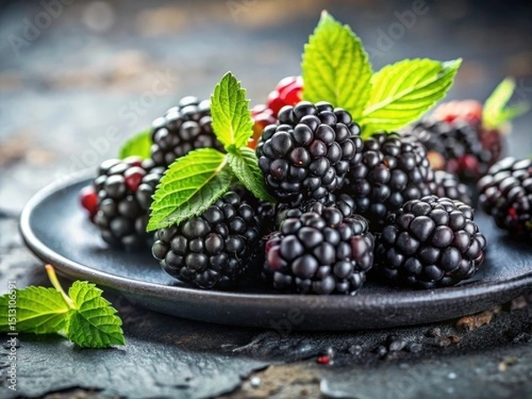 Fototapeta Tilt-Shift Blackberry Photography: Close-up Macro Shot of Ripe Berries on Stone Plate