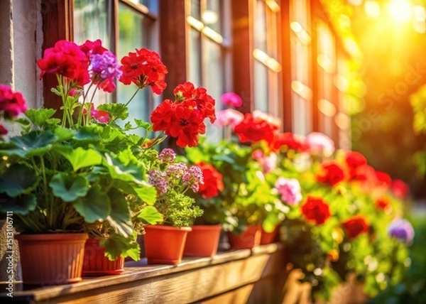 Fototapeta Tilt-Shift Geranium Window Box Photography: Vibrant Bloom Closeup, Miniature Garden Scene