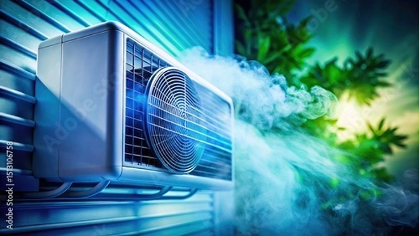 Fototapeta Tilt-Shift Modern Air Conditioner Cooling Fog - High-Resolution Image, HVAC System, Climate Control, Summer Cooling