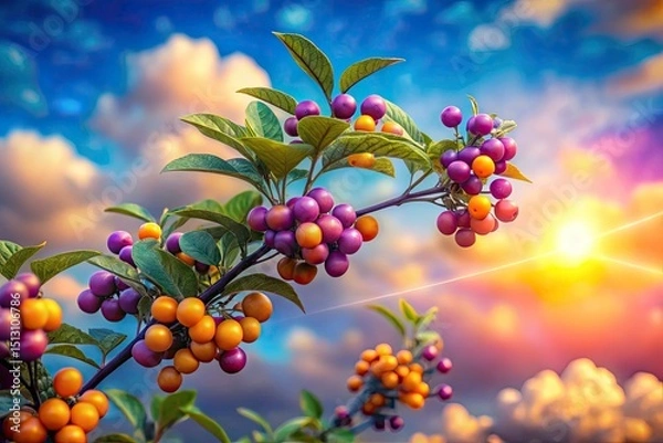 Fototapeta Solanum Torvum Watercolor Clouds Bokeh Sky - Turkey Berry Artistic Image