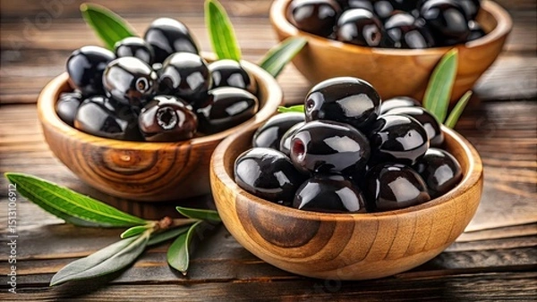 Fototapeta Top-Down View Black Olives Wooden Bowls High Depth of Field Photo