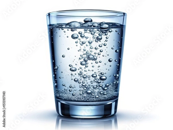 Fototapeta Sparkling Water Bubbles, Glass of Water, Isolated White Background,  High Resolution Photo, Still Life Photography, Clean Water Image