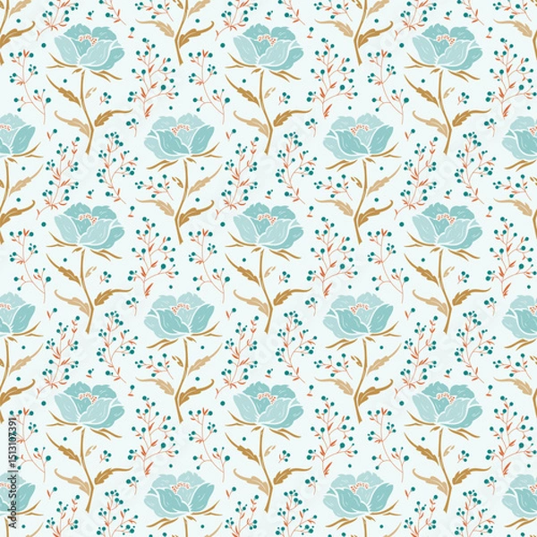 Fototapeta Vector Wildflowers Seamless Pattern. Floral Background with Turquoise Flowers, Yellow Leaves, Berry Branches. Beautiful Ditsy Floral Print for Spring, Summer, Autumn Nature Vintage Wallpaper