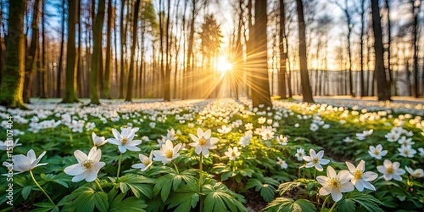 Fototapeta Spring Forest Anemone Sylvestris: Tilt-Shift Photography of White Flowers in Woodland Clearing