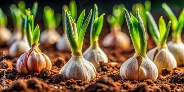 Fototapeta Sprouting Garlic, Close-up Macro Photography, High Depth of Field, Soil, Garden, Agriculture, Spring,  Garlic Growth Stages,  Plant Development,  Detailed Image, Sharp Focus,  Organic Farming