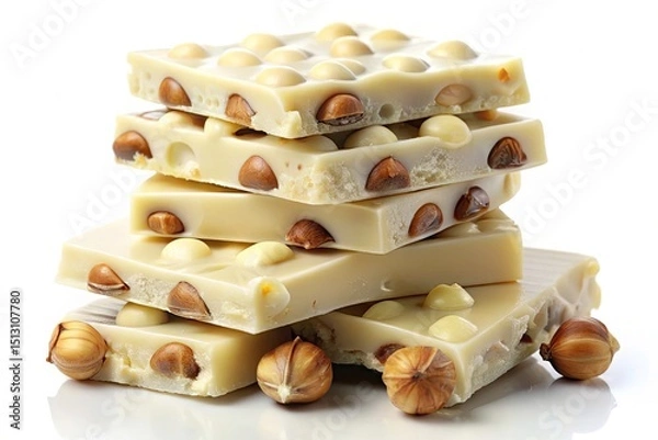 Fototapeta Stacked White Chocolate Hazelnut Bars, Close-up, Isolated White Background - Gourmet Candy Photography