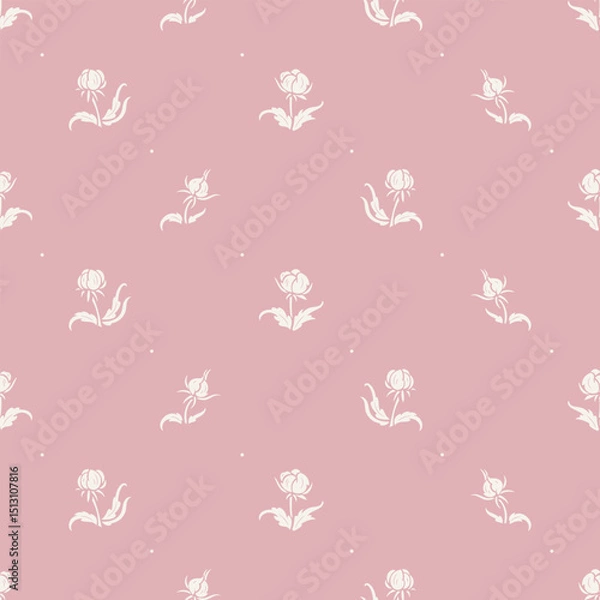 Fototapeta Ditsy Floral Print Seamless Pink Pattern Vector. Monochrome Background with Flowers. Spring, Summer, Autumn Nature Vintage Wallpaper