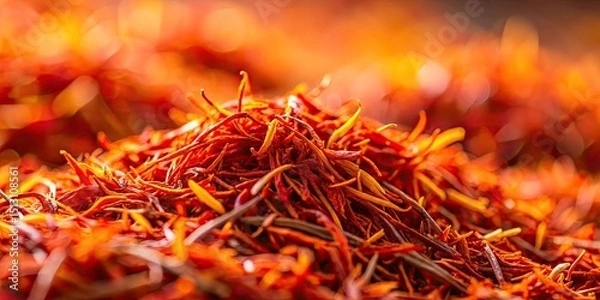 Fototapeta Stunning Tilt-Shift Saffron Pile Photography - Macro Images of Spices, Aromatic Herbs, Culinary Photography, Food Photography, Saffron Threads, Spice Market, Indian Spices, Close-Up Saffron