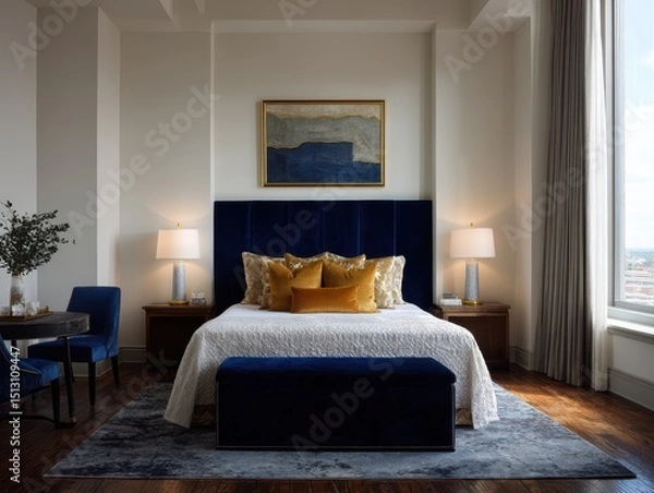 Obraz Luxurious bedroom interior with a navy blue headboard and mustard yellow accent pillows.