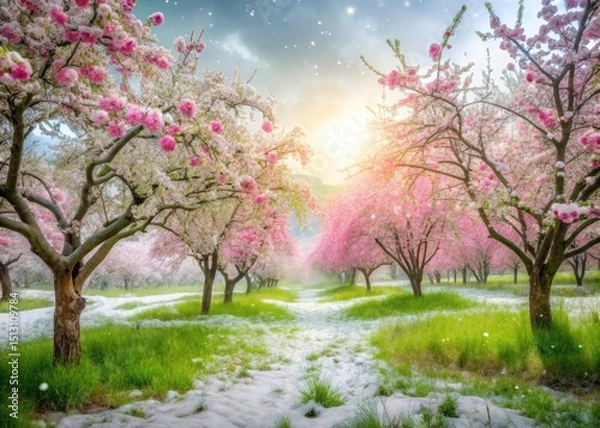 Fototapeta Surreal Late May Snowfall on Mountain Apple Orchard - Dreamlike Blossom Photography