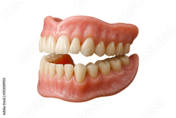 Obraz full set of upper and lower dentures on transparent background. Detailed dental prosthesis showing gum and tooth anatomy. Perfect for medical, dental, and educational use, clipping path