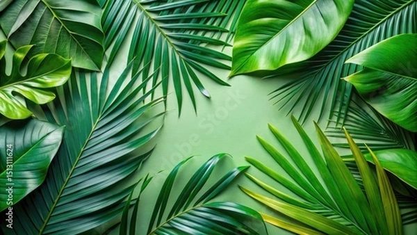 Fototapeta Tropical Palm Leaves Flat Lay, Green Leaf Background, Summer Vibes, Copy Space, Top View Photography