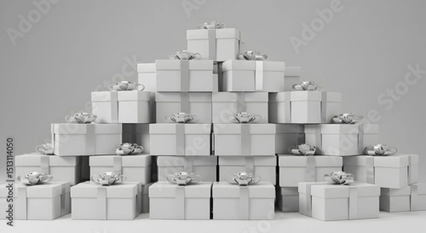 Obraz Pyramid stack of white gift boxes with silver accents