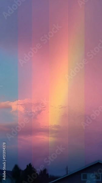 Fototapeta Stunning pastel sunset over a tranquil landscape featuring colorful clouds and a brilliant rainbow effect