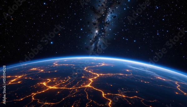 Fototapeta Stunning view of Earth from space, showcasing glowing lines of light across planet surface against backdrop of stars and distant galaxy. image evokes sense of wonder and exploration