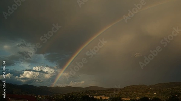 Fototapeta Vibrant rainbow arches over mountains after a summer rainstorm at dusk