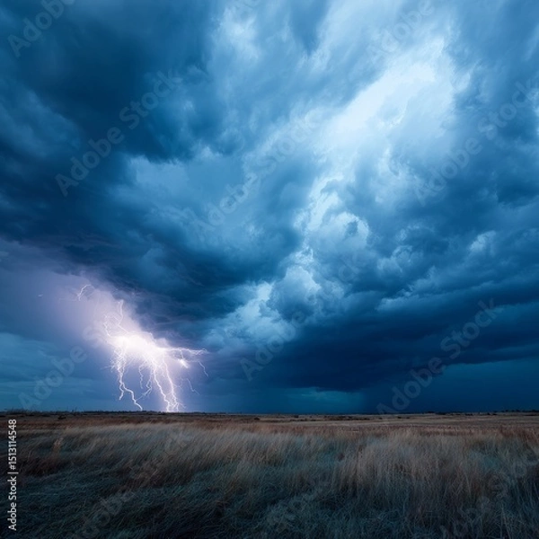 Fototapeta Dramatic lightning strikes illuminate a stormy sky over an open field at dusk