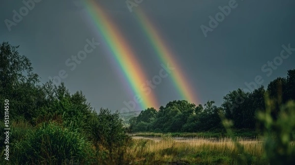 Fototapeta Rainbow arches illuminate the sky over a tranquil river surrounded by lush greenery after a summer rain