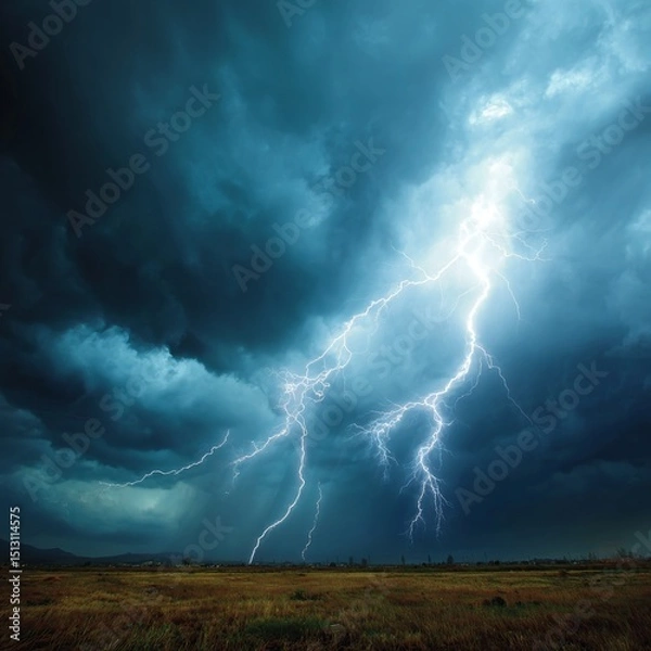 Fototapeta Lightning strikes illuminate a stormy sky over an open field during a dramatic weather event in the evening