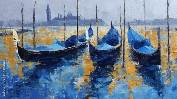 Fototapeta Vibrant gondolas resting in golden waters near a captivating city skyline at dusk