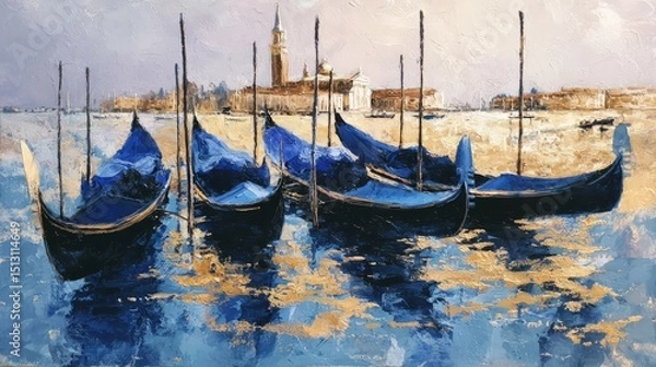 Fototapeta Beautiful blue gondolas floating serenely on Venetian waters during sunset