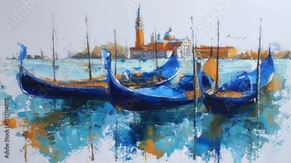 Fototapeta Vibrant blue gondolas anchored in the picturesque waters near Venice's historic architecture on a clear day