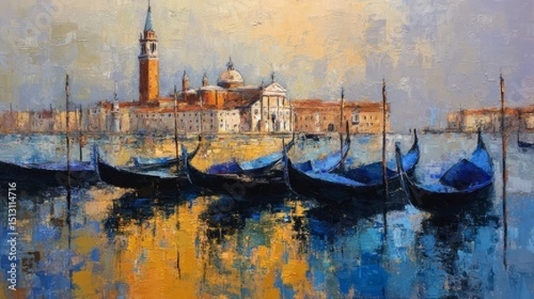 Fototapeta Colorful sunset over Venice with gondolas and historical architecture reflected in the water