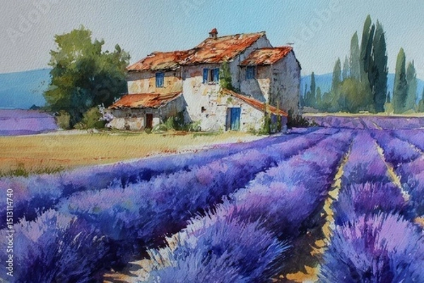 Fototapeta Lavender fields surround a rustic stone house on a sunny day in a scenic countryside setting