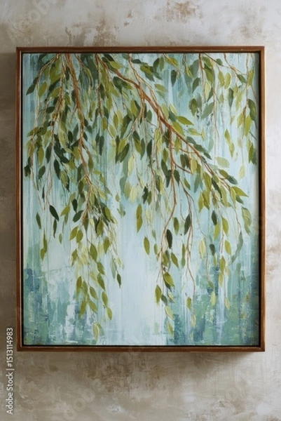 Fototapeta Leaves hang gracefully from a painted branch creating a serene atmosphere in an indoor space with a calming blue backdrop